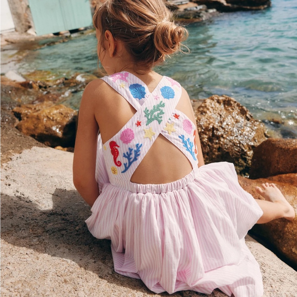 Boden Harper Cross Back Pink Embroidered Kids Dress - Picture 3 of 7